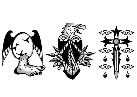 Egg, Eagle and Knife tattoos by Taylor